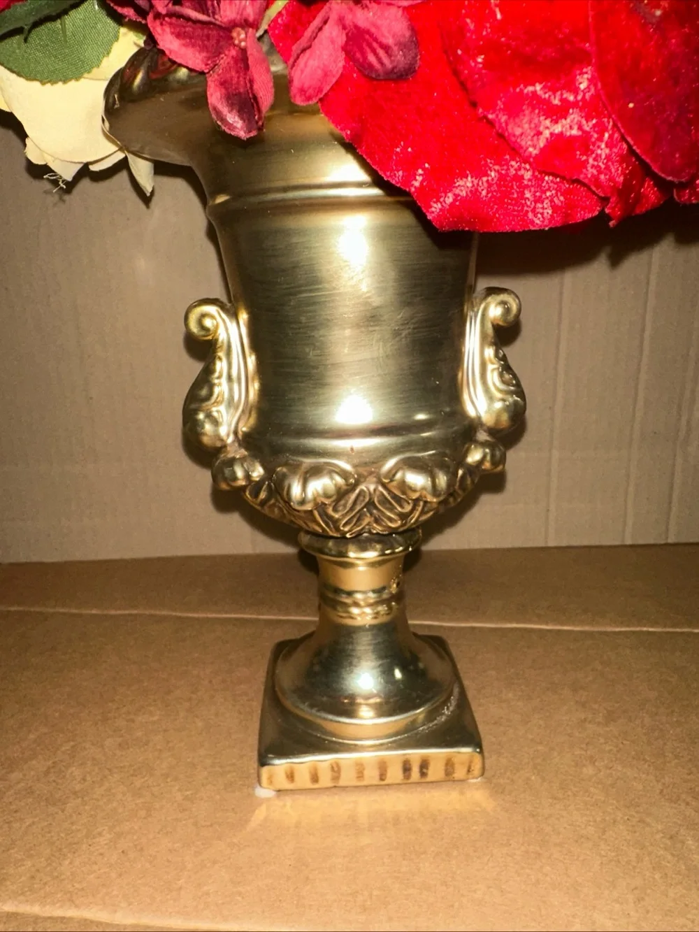 Bombay Red and Yellow Faux Floral Arrangement in Gold ceramic Urn 12”